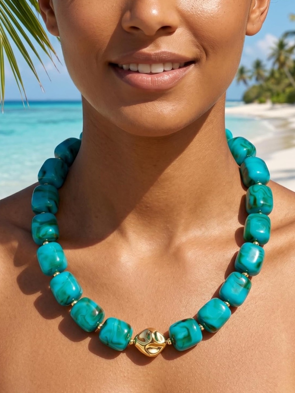 Statement Turquoise Color Marbled Bead Necklace with Gold Accent - Picture 4 of 5